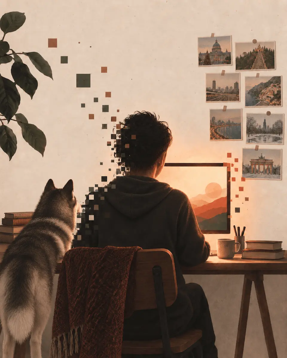 Illustration of Cary working at a desk with a husky