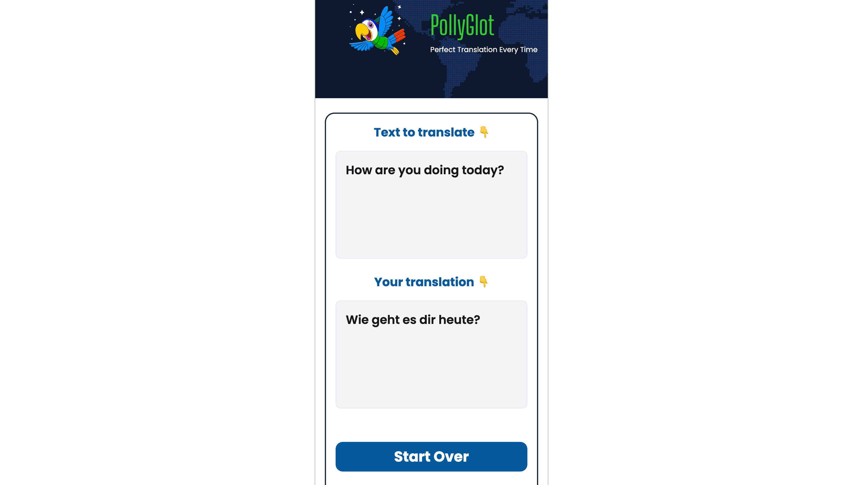 PollyGlot translation interface showing source text, language selection, and the completed translation