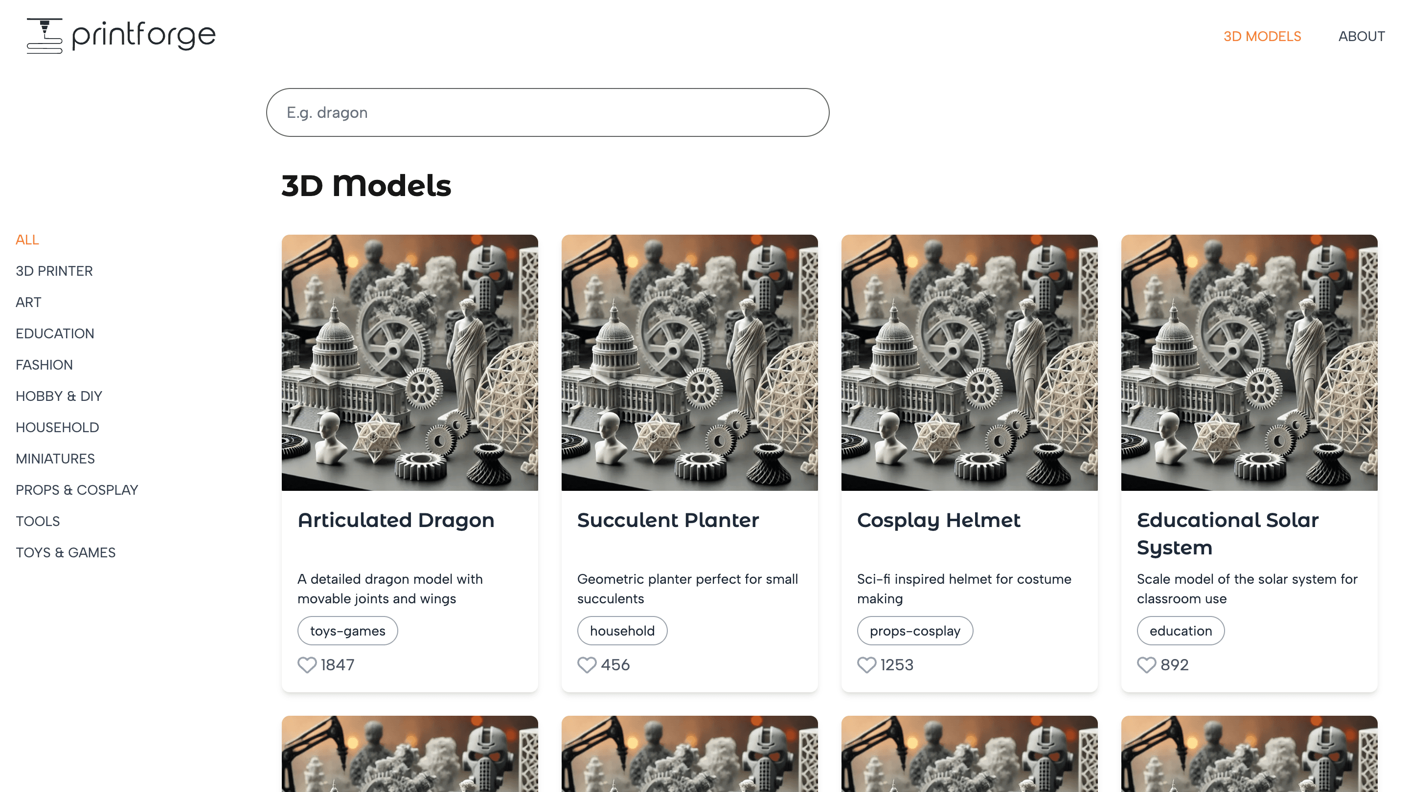 PrintForge model discovery page with search, category filters, and responsive model cards