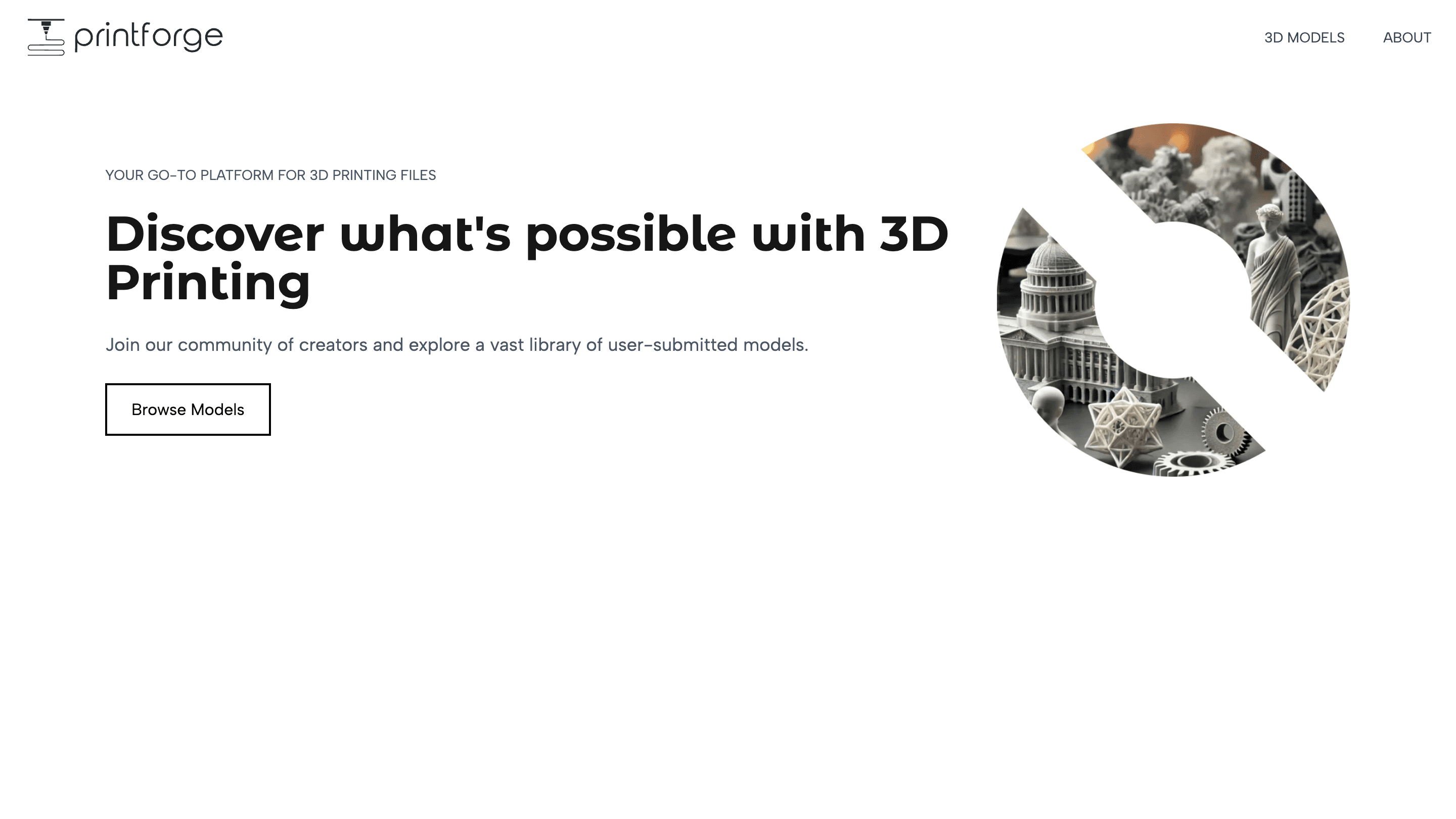 PrintForge homepage introducing a platform for discovering 3D printing models