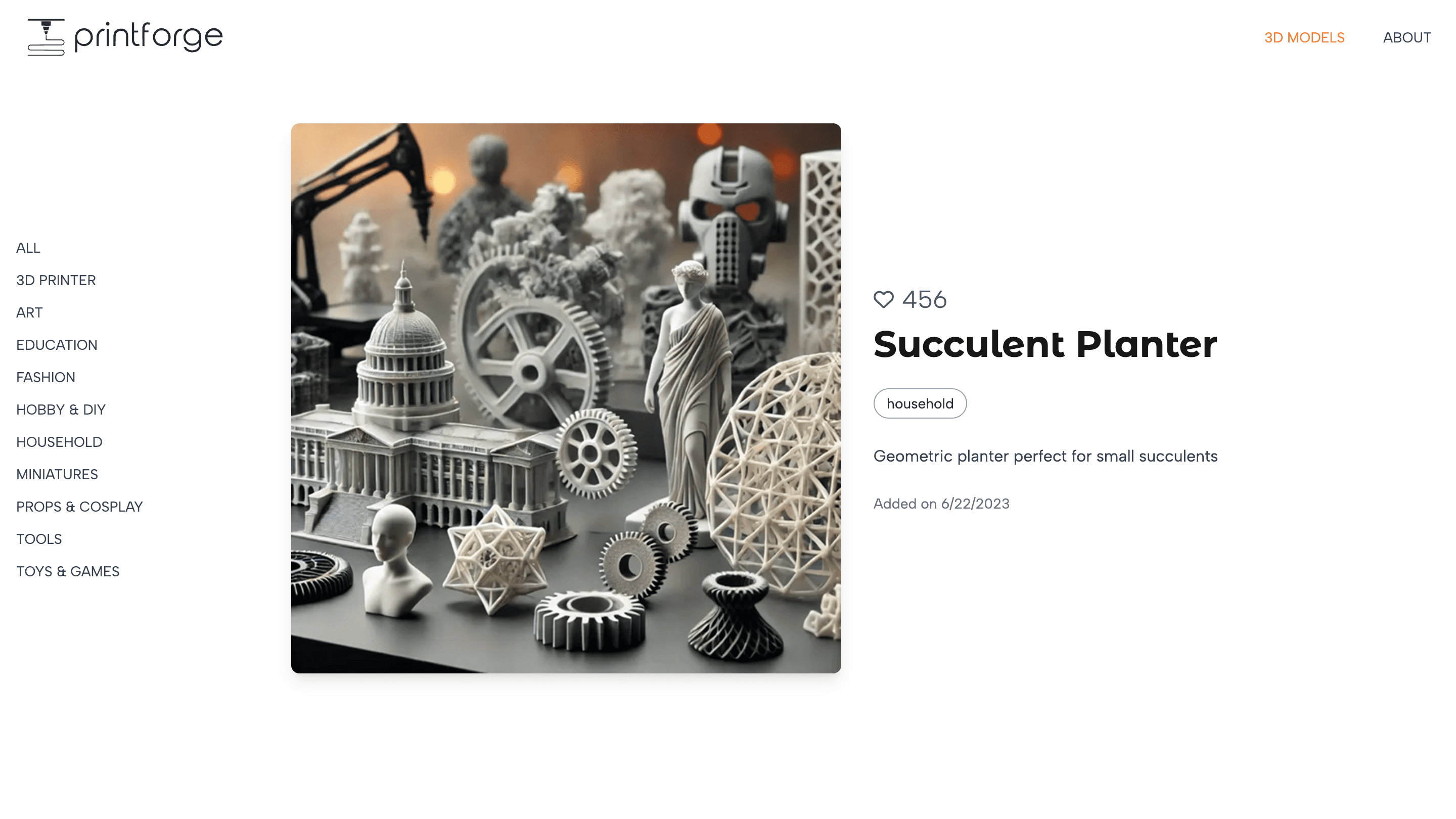PrintForge dynamic model detail page showing model artwork, category, description, and engagement count