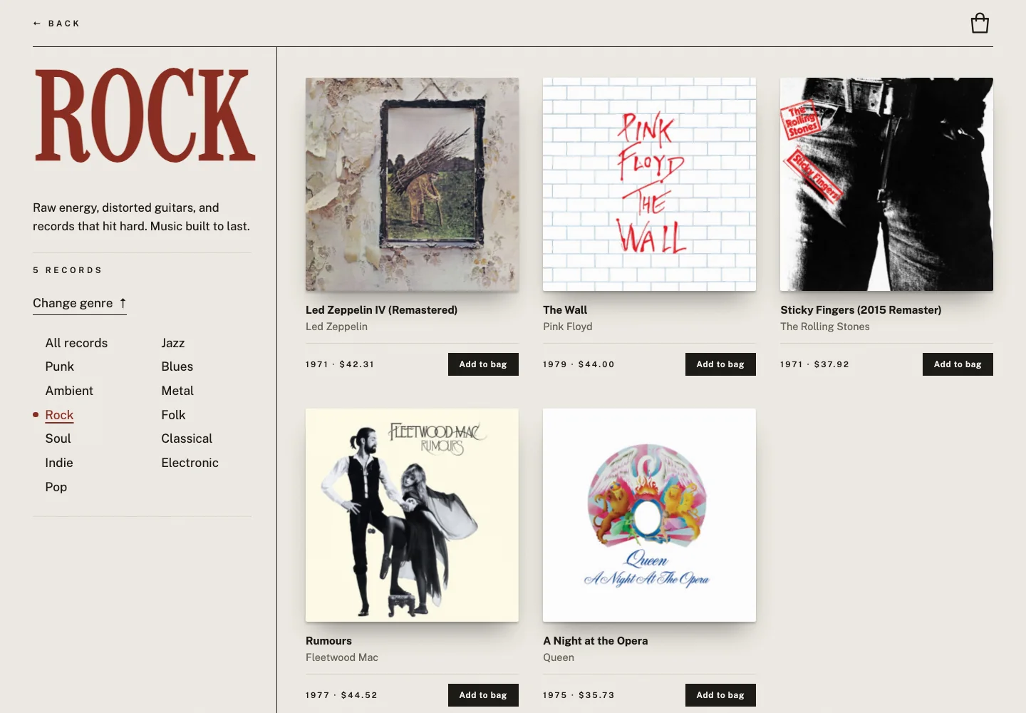 Spiral Sounds Rock catalog with genre navigation, album artwork, prices, and add-to-bag controls