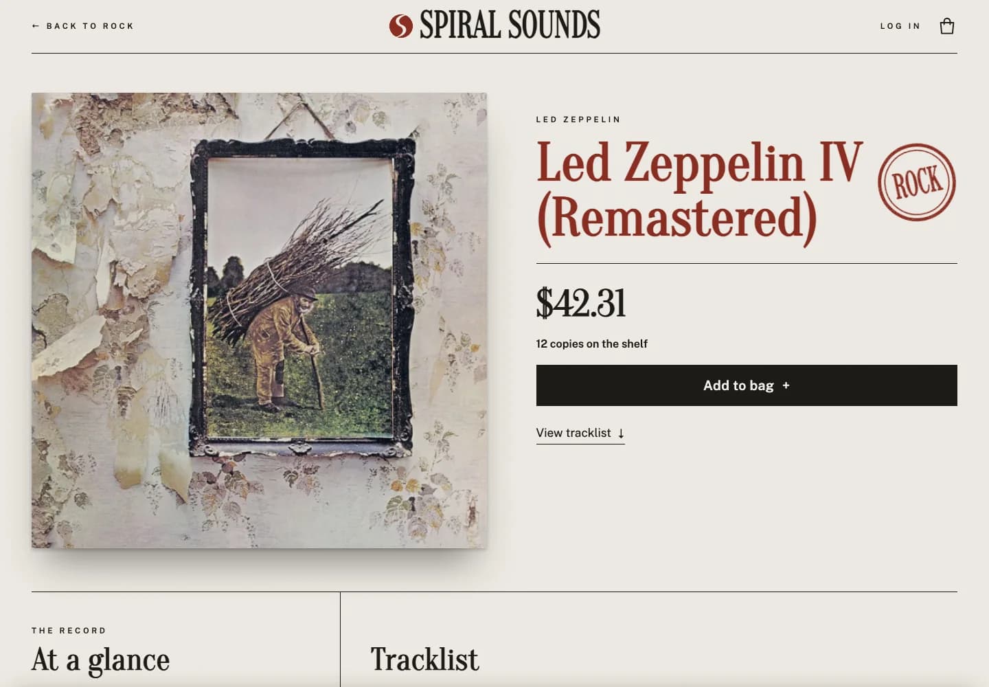 Spiral Sounds product detail for Led Zeppelin IV with price, stock, add-to-bag control, and record metadata