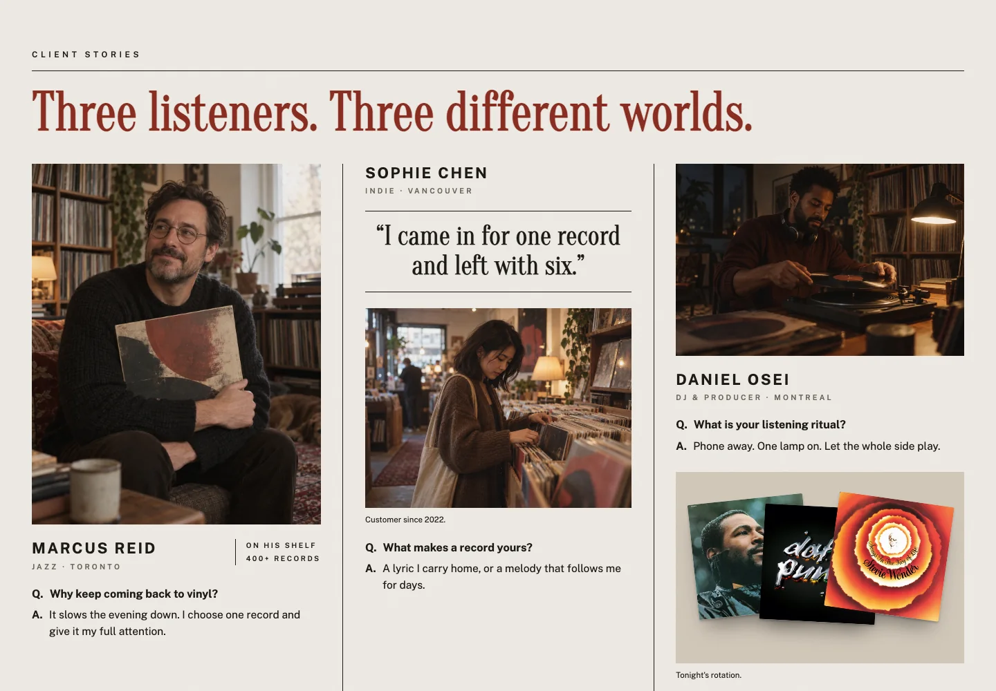 Spiral Sounds listener profiles combining portraits, record collections, and interview-style answers