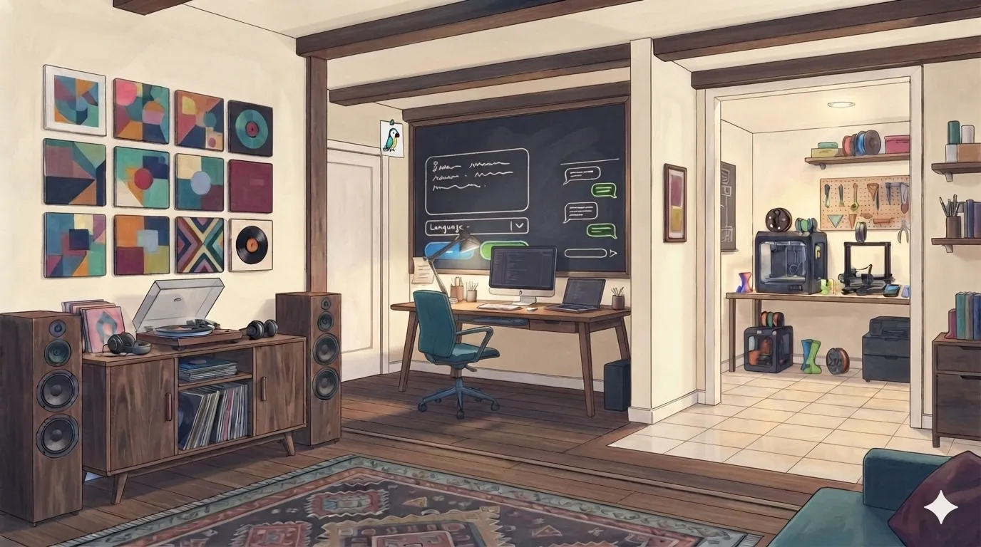 Illustrated workspace with a vinyl collection, development desk, and 3D printing workshop